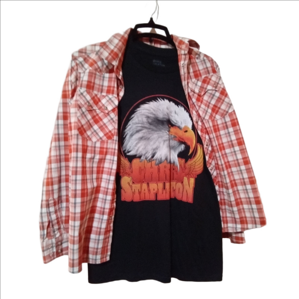 Plaid Orange Retro Wrangler Shirt with Black Eagle Graphic Tee